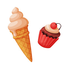 Ice Cream and Cupcake, Sweet Delicious Desserts Vector Illustration