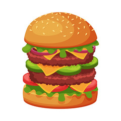 Big Hamburger with Cheese, Lettuce, Meat Patties and Bun with Sesame Seeds, Fast Food Meal Vector Illustration