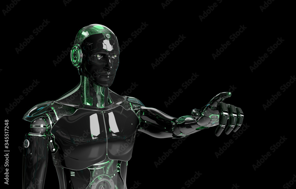 Poster black and green intelligent robot cyborg pointing finger on dark 3d rendering