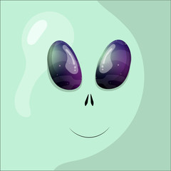 green alien, UFO, large face, space in the eyes, flat illustration, vector, postcard
