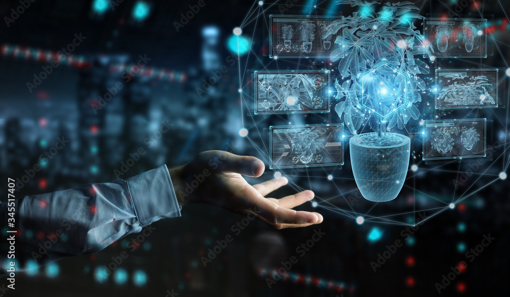 Leinwandbilder Man hand holding and touching holographic projection of a plant with digital analysis 3D rendering