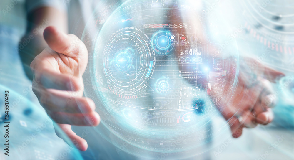 Poster businessman using digital technological interface with datas 3d rendering