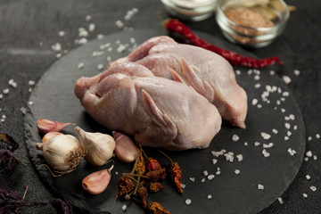 Raw partridge meat on kitchen, cooking gourmet wild bird. Healthy diet recipe. - obrazy, fototapety, plakaty