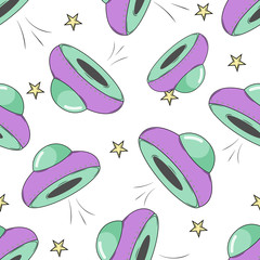 green and violet flying saucer, UFO, stars, pattern, white background, flat illustration, vector, print
