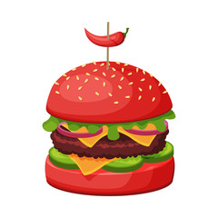 Hamburger with Cheese, Bun with Sesame Seeds, Lettuce, Meat Patties and Hot Chilli Pepper, Fast Food Meal Vector Illustration