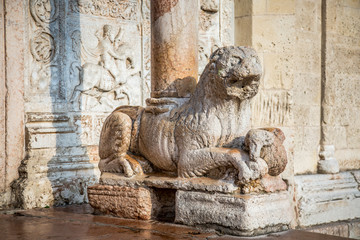  Lion sculpture at the entrance to the Basilica of Saint Zeno in Verona. Veneto, Italy