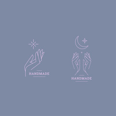 Set of logos for business in the industry of beauty, health, personal hygiene. Beautiful picture of hands. Logo of a beauty salon, health industry, makeup artist, cosmetologist, massage therapist.