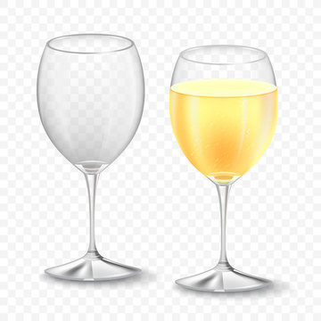 Empty and full wine glasses with champagne. Realistic Holiday concept isolated on transparent background. Fizzing bubbles. Vector illustration.