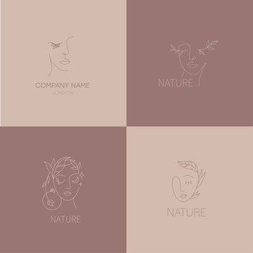 Set of logos for business in the industry of beauty, health, personal hygiene. Beautiful image of a female face. Logo of a beauty salon, health industry, makeup artist, cosmetologist.