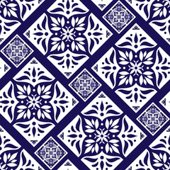 Stof per meter Parquet floor tile pattern vector seamless with ceramic print. Vintage mosaic motif texture. Puebla majolica background for kitchen floor or bathroom floor wall. © irinelle