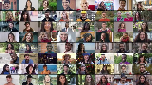 multiscreen of smiling people at camera - different age and ethnicity