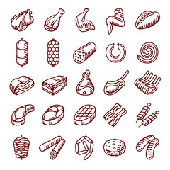 Meat products icons for butchers, restaurans, cafe, groceries. Chicken, pork, beef, lamb, sausages.