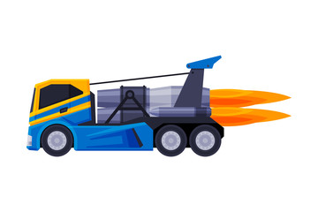 Racing Truck with Flame, Turbo Heavy Vehicle Freight Machine Flat Vector Illustration