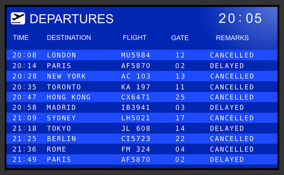 Blue flight information display system in international airport, cancelled and delayed flights