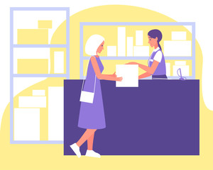 Point delivery parcels, great design for any purposes. The postman issues the package to the customer. Delivery service concept. Business concept. Flat vector illustration.
