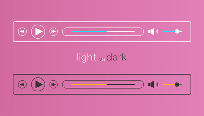 Audio player mockup in light and dark mode. Media controller interface. Template for music ui. Web layout in simple linear flat design. Audioplayer bar with play, next and sound icons. Vector EPS 10. © nichosi