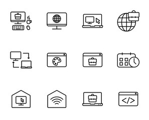 Remote work outline vector icons isolated on white background. Work at home because of 2019-ncov coronavirus pandemic. Line icon set for web, mobile apps, ui design. Stay at home, work at home icons