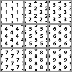Seamless patterns with black numerals from one to nine on the white background.