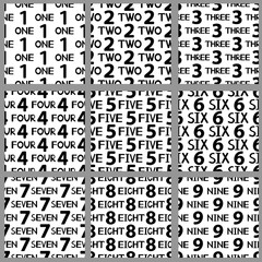 Seamless patterns with black numerals from one to nine on the white background.