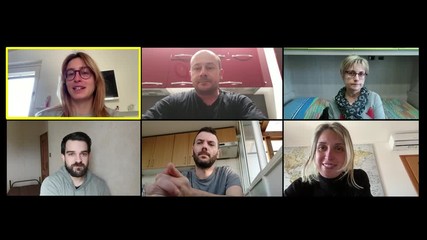 Covid 19, chatting by zoom. A group of friends talking about pandemic - Powered by Adobe