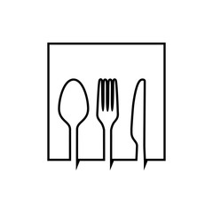 Símbolo restaurante. Icono plano lineal silueta tenedor, cuchillo y cuchara en cuadrado en color negro