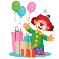 funny clown gives a lot of gifts and balls, isolated object on a white background, vector illustration,