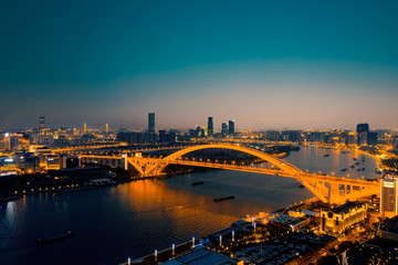 Obraz premium Night view of Lupu Bridge, Huangpu River, Shanghai, China
