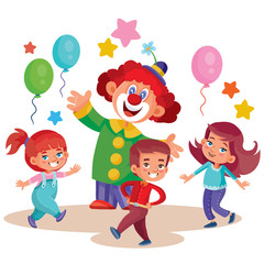 Fototapeta premium childrens holiday with clown children with balloons, isolated object on a white background, vector illustration,