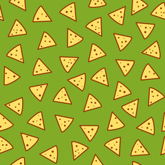 Seamless pattern with nacho chips on green guacomole background. Mexican food