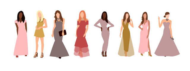 A set of evening dresses in bed colors on the models. Image of beautiful girls models in cocktail dresses. Looks like moniken. Fashion clothing store.