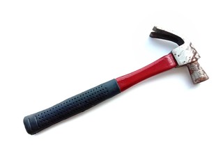 Rusty metal hammer, the handle is red wood and black rubber hardware tools isolated on white background closeup. In Samut Sakhon, Thailand.