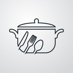 Símbolo restaurante. Icono plano lineal cacerola con tapa con cubiertos en fondo gris