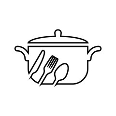 Símbolo restaurante. Icono plano lineal cacerola con tapa con cubiertos en color negro