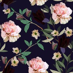 Bouquet of delicate pink and purple flowers on a light sage green background. Seamless floral vector pattern. Square repeating design for fabric and wallpaper
