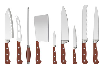 Knives. Butcher professional sharp handle knives kitchenware restaurant accessories for cook vector closeup isolated pictures. Illustration kitchenware for butcher, knife tool - obrazy, fototapety, plakaty