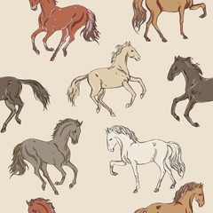 Galloping, trotting and walking horses of different colors on a light beige, cream background. Seamless vector patten with running animals. Square repeating template for fabric and wallpaper