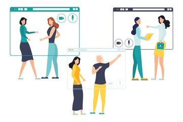 Group video call, virtual window frames, a diverse group of young characters gathering together online