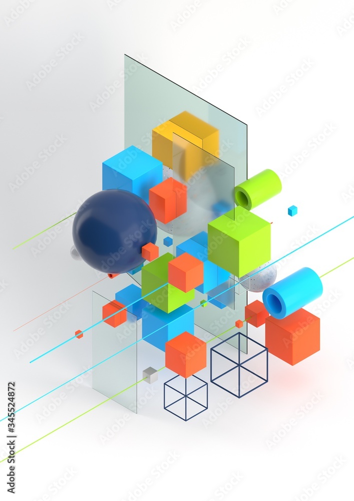 Aufkleber Abstract background, modern composition of geometric shapes. Cube, sphere, cylinder, line. 3d illustration.