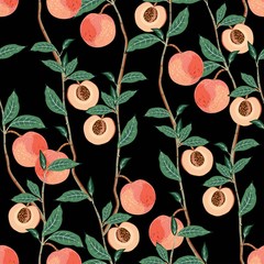 Peach tree branches with leaves and fruits on a light beige, cream background. Vector seamless illustration. Square repeating pattern for fabric and wallpaper.