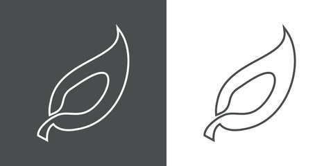 Símbolo de comida vegana. Icono plano lineal silueta de cuchara en hoja en fondo gris y fondo blanco