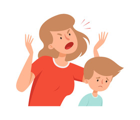 Domestic violence. Angry mother, sad boy. Bullying and abusing behavior. Woman scream on son vector illustration. Son and mother conflict, kid crying and exhausted
