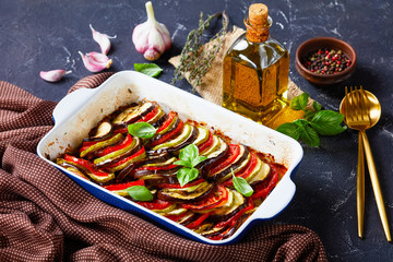 french tian provencal, baked vegetable in a dish - obrazy, fototapety, plakaty