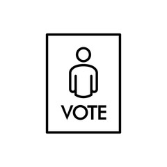 Símbolo votación. Icono plano lineal palabra VOTE en cuadrado con silueta de hombre en color negro
