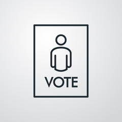 Símbolo votación. Icono plano lineal palabra VOTE en cuadrado con silueta de hombre en fondo gris