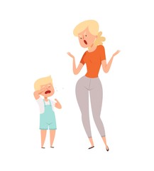 Screaming mother. Little boy cry. Violence and pressure, parents abusing. Woman punish son, isolated angry woman and sad toddler vector illustration. Domestic bullying, behavior parent and little boy
