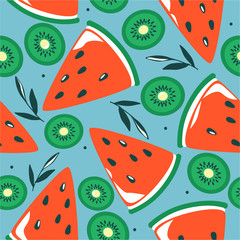 Fresh fruits, hand drawn backdrop. Colorful wallpaper vector. Seamless pattern with ripe watermelons, kiwi. Decorative illustration, good for printing. Overlapping background design