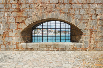 Peniscola, Castellon, Spain.. Wall of the castle and window.