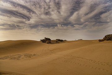 summer desert landscape on a warm sunny day from Maspalomas dunes on the Spanish island of Gran...