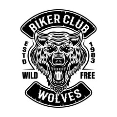 Biker club vector patch or emblem with wolf head