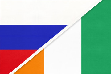 Russia vs Ivory Coast, symbol of two national flags. Relationship between African and Asian countries.